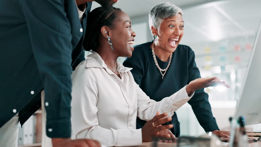Computer, high five and business people clapping for celebration, success or well done with training. Team, cheers and applause together for achievement, target and goal with excited mentor in office
