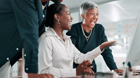 Computer, high five and business people clapping for celebration, success or well done with training. Team, cheers and applause together for achievement, target and goal with excited mentor in office - Powered by Shutterstock - Get 15% off with code: PIKWIZARD15