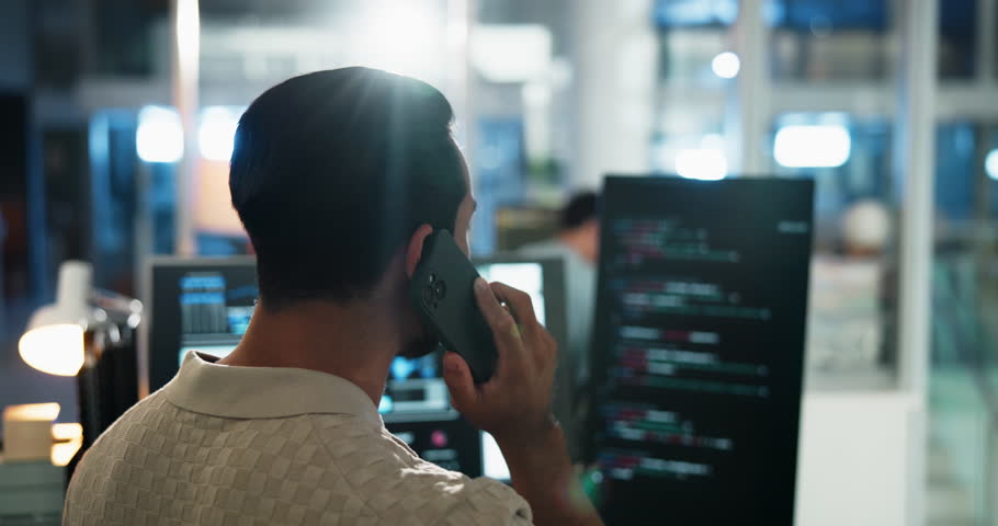 Phone call, back and programmer with person and computer for software developer, code update and design feedback. Research, backend script and app project with employee in agency for web review