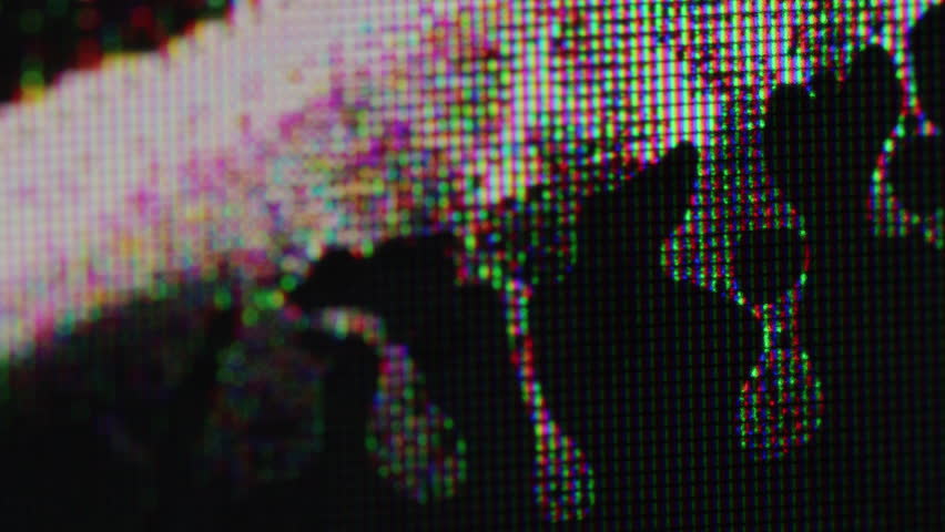VHS noise. Broken screen. Wavy spreading black liquid on damaged surface plasma TV. Grunge glitch glow of colored pixels blur effect.