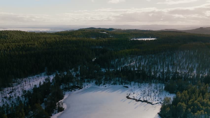 Drone pan left to right over forest and mountins in Dalarna, Sweden