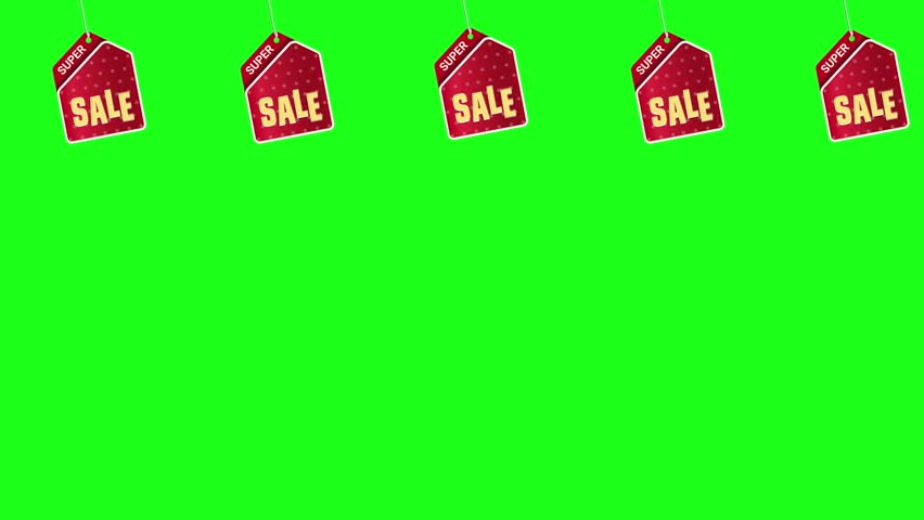 Super Sale hanging icons tags green screen background.