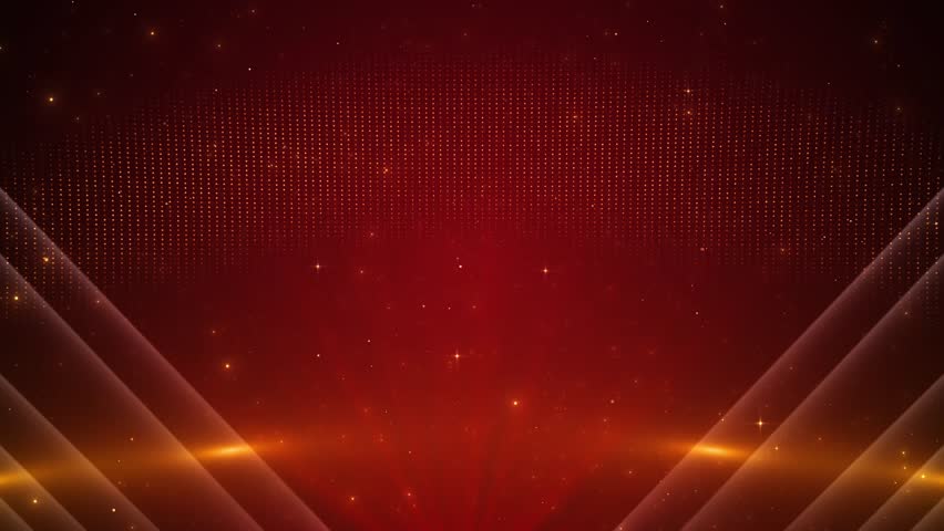 Abstract glittering shiny red particles falling golden stars. luxury shiny glamorous awards ceremony Abstract tail particle falling new year, Christmas festival, award celebration 4K motion background