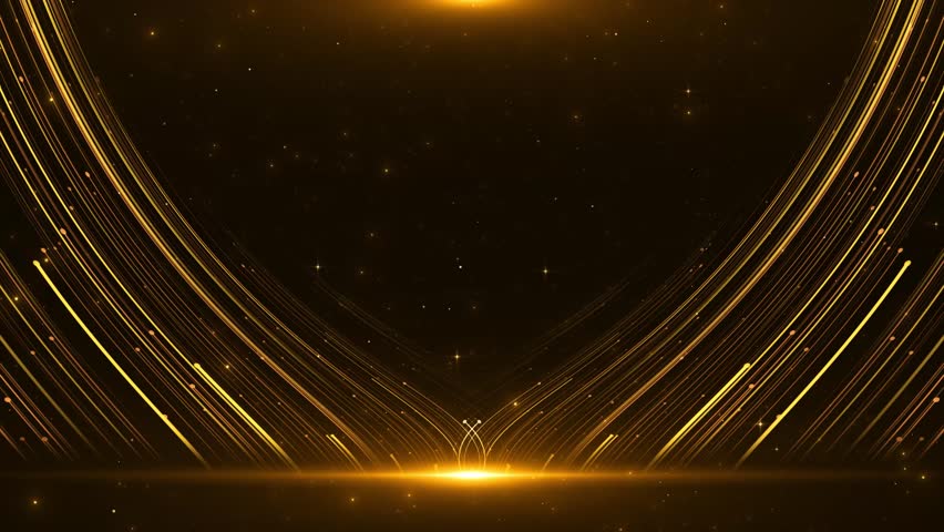 3D luxury golden particle stripes falling. Elegant particle rain, gorgeous awards ceremony, party performance stage screen background Big data, technology, business, and presentations. Luxury lines.