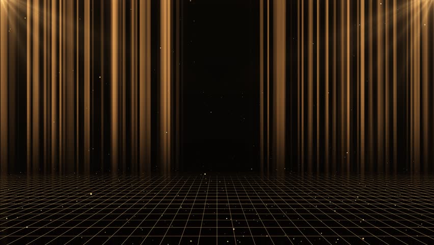 golden curtain wall particles rising shining bokeh lights for awards ceremony, party celebrations. particles wave stage background. Luxurious Christmas holiday party lights New Year glitter confetti