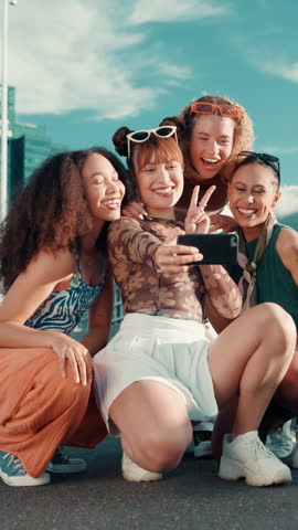 Fashion, peace sign and friends in city with selfie for bonding, holiday and adventure on weekend. Happy, profile picture and women in trendy style for social media, online post and memory in town