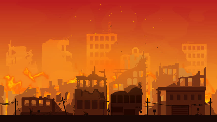 Flat animation of a city on fire with destroyed buildings and rising smoke.