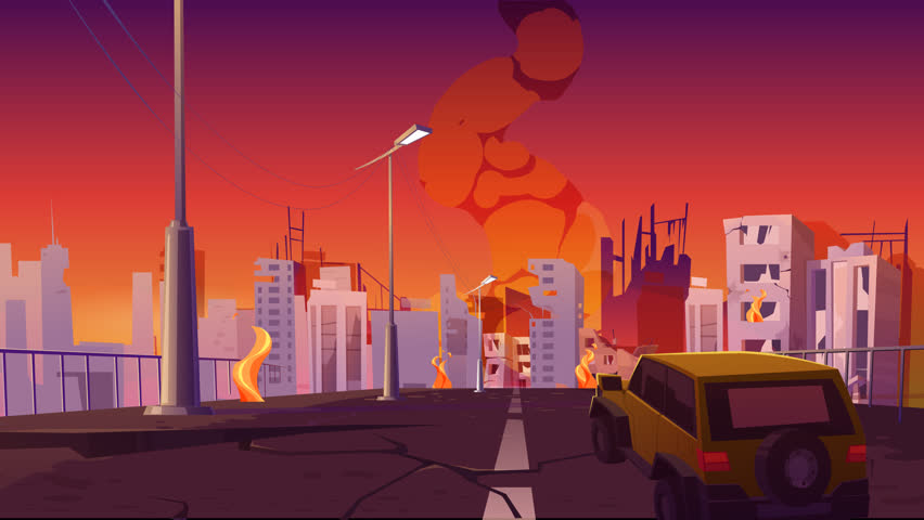 Flat-style animation of a post-apocalyptic street, with fire, smoke, and a war-torn skyline.