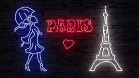 PARIS silhouette of Eiffel Tower and elegant woman with umbrella walking in the rain illuminated 3d illustration retro neon sign eye catching 10s 4k video art, perfect greetings from Paris e card! - Powered by Shutterstock - Get 15% off with code: PIKWIZARD15