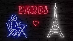 PARIS silhouette of Eiffel Tower and woman sitting next to it in blue red and white illuminated 3d illustration retro neon sign eye catching 10s 4k video art, greetings from Paris! - Powered by Shutterstock - Get 15% off with code: PIKWIZARD15