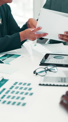 Business people, meeting or hands with documents for charts results, teamwork and graphs for revenue. Closeup, tablet and financial analysts with calendar for planning for growth report or sales data