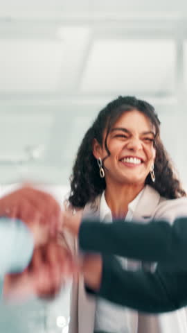 Celebration, cheering and group in office, smile and applause for achievement, collaboration and together. Happiness, colleagues and clapping for success in business, solidarity and stack of hands