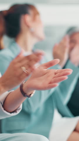 Business people, hands or meeting with applause for seminar, workshop or presentation at office. Closeup, group audience or employees clapping in row for well done, good job or thank you at workplace