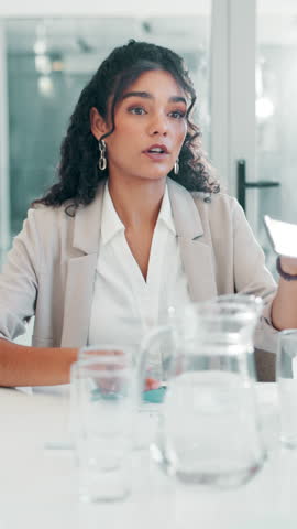 Discussion, finance or businesswoman in meeting with portfolio for teamwork, offer or investment. Negotiation, documents or financial advisor talking for planning project, budget or risk management