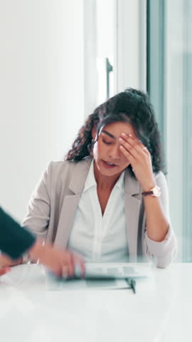 Frustrated woman, overworked or multitasking with documents for project deadline at office. Female person, overwhelmed or headache with stress in time lapse for busy business or pressure at workplace