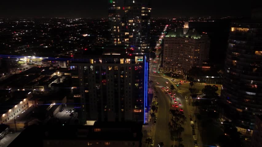 long beach at night during a busy midweek by downtown in California