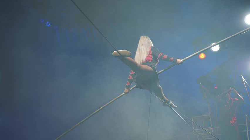  A circus show with tightrope walkers under the dome of the circus under the light of colorful spotlights. An acrobat girl sits on a rope splits under the dome of the circus.