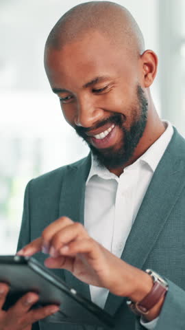 African businessman, tablet and happy at office with typing, review and notification at finance agency. Person, smile and digital touchscreen with application, scroll and contact for deal at company