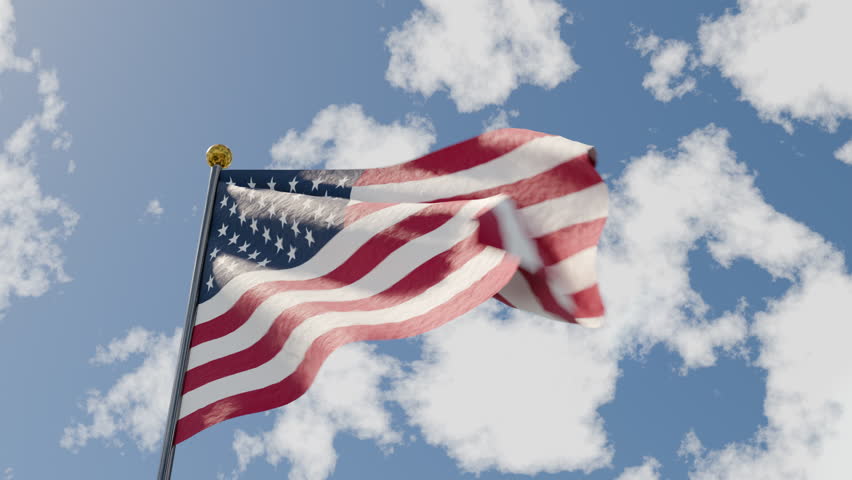 Waving American Flag At Wind During Memorial Day Commemorative