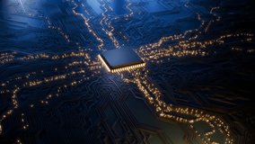 Animated current flow on circuit board. Digital technology data transfer background. Computer processor CPU concept. Digital chip on motherboard. 3D microchip abstract backdrop. AI machine learning - Powered by Shutterstock - Get 15% off with code: PIKWIZARD15