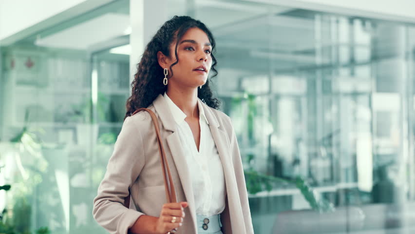 Business woman, face and walking in office with handbag for corporate meeting, appointment and leaving workplace. Professional, employee and happy for seminar break, confidence and career opportunity