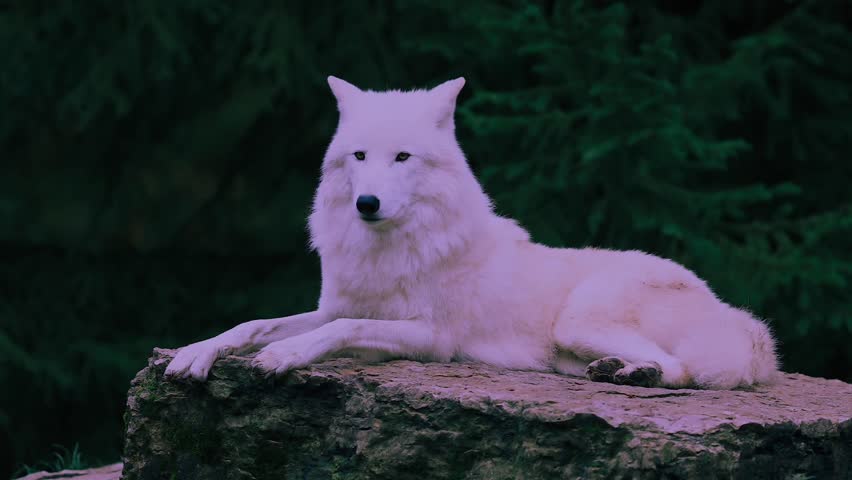 A close up shot of an adorable white wolf in its natural habitat
