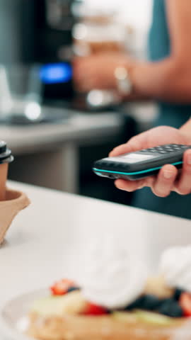 Hands, smartphone and pos at cafe for payment, order and easy transaction for catering service at restaurant. People, customer and waiter with phone, tap and fintech with mobile app at coffee shop