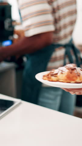 Hands, person and giving food at cafe for client order, customer service and collect meal. People, waitress and serving coffee and purchase for breakfast, hospitality industry and consumer checkout