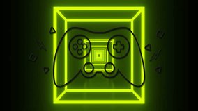 Neon game controller floating inside 3D glowing yellow cube, illuminating geometric icons around. Neon, cyberpunk, futuristic, geometric, digital art, gaming, vibrant - Powered by Shutterstock - Get 15% off with code: PIKWIZARD15