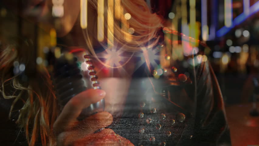 Woman speaking on neon-streaked street, showing spiral coil and wet pavement reflecting technology. Urban, nightlife, vibrant, reflective, cinematic, atmosphere, modern