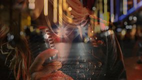 Woman speaking on neon-streaked street, showing spiral coil and wet pavement reflecting technology. Urban, nightlife, vibrant, reflective, cinematic, atmosphere, modern - Powered by Shutterstock - Get 15% off with code: PIKWIZARD15
