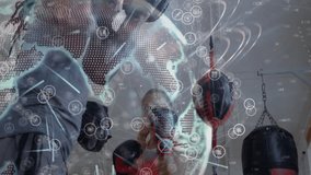 fitness tech powering boxer striking speedbag inside gym showing dotted globe overlay network icons. Athletic, innovation, digital, strength, energy, determination, modern - Powered by Shutterstock - Get 15% off with code: PIKWIZARD15