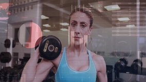 fitness enthusiast standing in gym weight zone, with floating map and charts showing percentages. Exercise, strength, training, digital, analytics, health, wellness - Powered by Shutterstock - Get 15% off with code: PIKWIZARD15