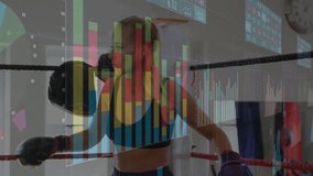 female boxer leaning against ropes in boxing gym, showing finance bar graphs and line charts. Athlete, fitness, strength, determination, motivation, empowerment, training - Powered by Shutterstock - Get 15% off with code: PIKWIZARD15