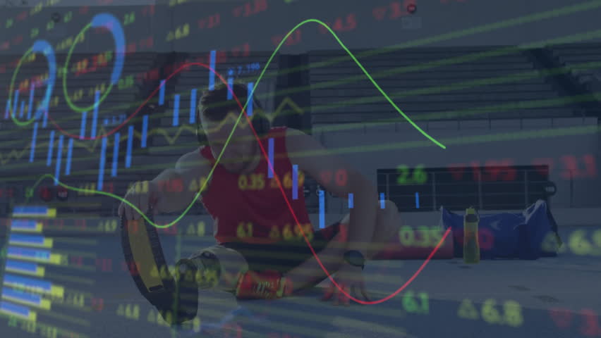 Male athlete sitting on stadium concourse, tracking finance trends with animated candlestick bars. Sports, endurance, resilience, modern, dynamic, competition, technology - Powered by Shutterstock - Get 15% off with code: PIKWIZARD15