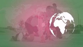 Male athlete kneeling while receiving coach tips with prosthetic blades, tech world map overlay. Athlete, coaching, performance, innovation, sportswear, digital, motivation - Powered by Shutterstock - Get 15% off with code: PIKWIZARD15