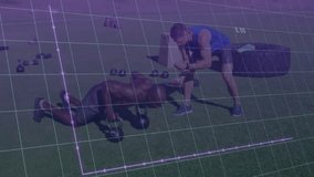 Trainer and trainee performing kettlebell plank push-ups by tire, showing floating fitness data. Strength, fitness, training, outdoor, athletic, motivation, wellness - Powered by Shutterstock - Get 15% off with code: PIKWIZARD15