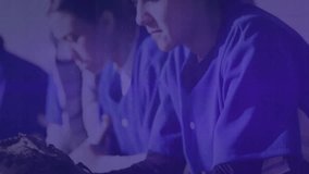 Lab technicians monitoring health research in laboratory, showing bar chart and line graph. Scientists, data analysis, scientific research, visualization, innovation, teamwork, futuristic - Powered by Shutterstock - Get 15% off with code: PIKWIZARD15