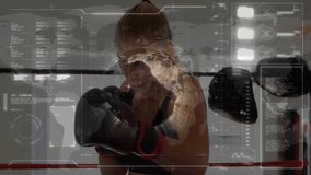 female boxer punching inside ring, overlaying fitness technology HUD mapping performance metrics. Athlete, combat, fitness, training, competition, digital, interface - Powered by Shutterstock - Get 15% off with code: PIKWIZARD15