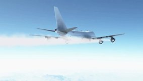 Realistic CGI animation of large generic white Boeing 747 passenger jet flying high above cloud in clear blue sky leaving contrails. Travel, aviation, transport concepts - Powered by Shutterstock - Get 15% off with code: PIKWIZARD15