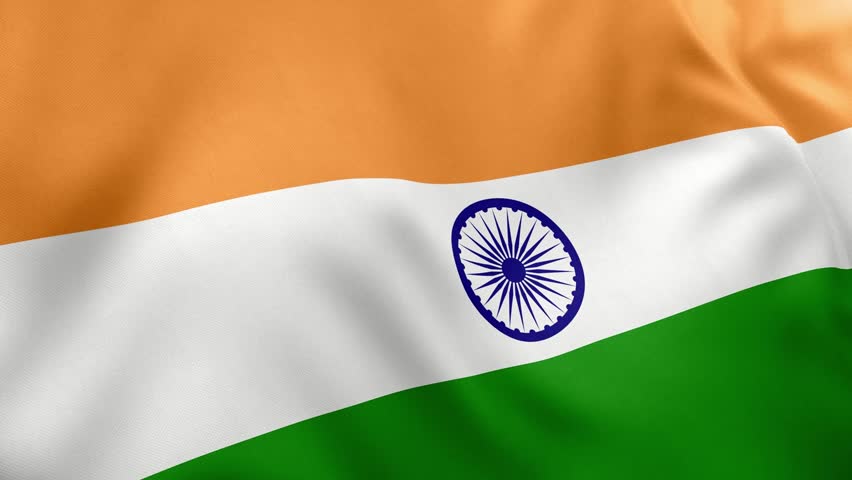 Close up realistic animation of Indian national flag waving. Saffron, white, green stripes, Ashoka Chakra. Seamless loop for national pride, travel themes, India
