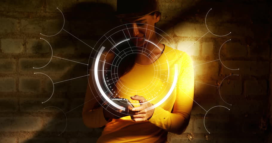 Woman leaning against brick wall, using smartphone showing circular holographic UI for tech demo. Technology, innovation, modern, digital, interface, workspace, connectivity