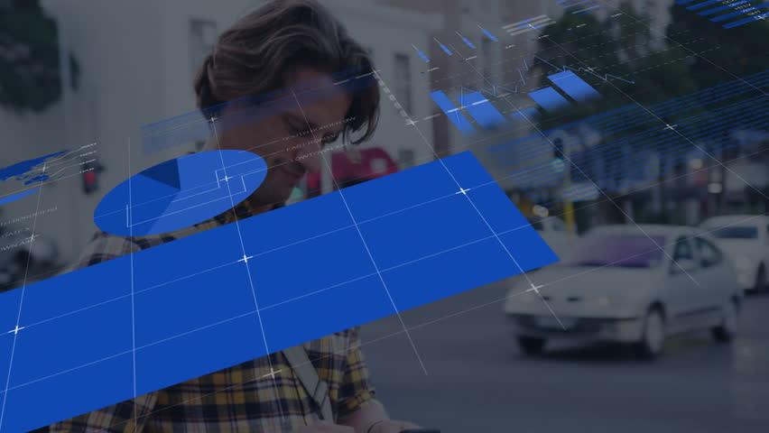 Mid adult man holding smartphone on busy sidewalk, exploring technology data bars pie charts. Urban, technology, analytics, data visualization, communication, modern, professional - Powered by Shutterstock - Get 15% off with code: PIKWIZARD15