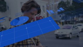 Mid adult man holding smartphone on busy sidewalk, exploring technology data bars pie charts. Urban, technology, analytics, data visualization, communication, modern, professional - Powered by Shutterstock - Get 15% off with code: PIKWIZARD15