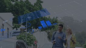 walking couple passing parked cars displaying technology data overlays with pie charts and map. Urban, lifestyle, modern, communication, outdoor, connectivity, engagement - Powered by Shutterstock - Get 15% off with code: PIKWIZARD15