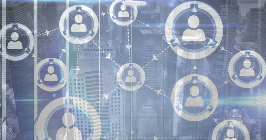 Flat design network overlay being visualized over city skyline, featuring user icons linking rings. Technology, connectivity, innovation, digital, infrastructure, urban, communication