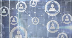 Flat design network overlay being visualized over city skyline, featuring user icons linking rings. Technology, connectivity, innovation, digital, infrastructure, urban, communication - Powered by Shutterstock - Get 15% off with code: PIKWIZARD15