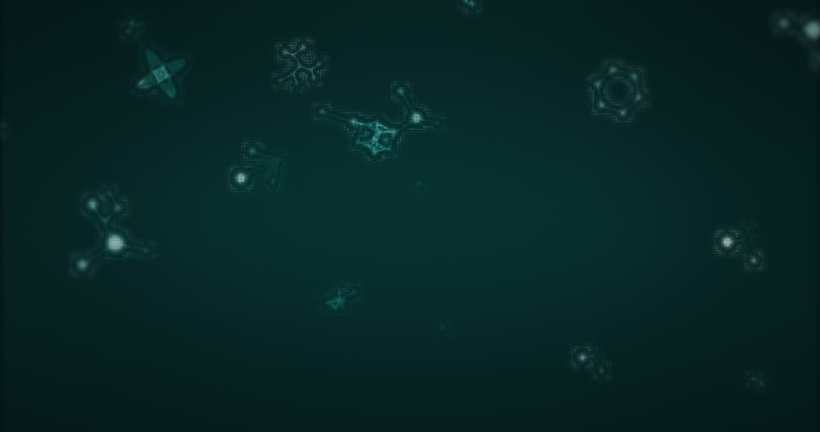 Glowing atomic structure floating within hologram connecting hexagon clusters and pixel arrays. Futuristic, technology, data, digital, abstract, hologram, cyber