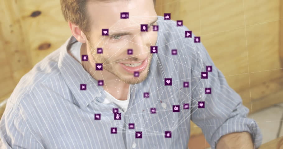 Man and woman sipping coffee at wooden table, analyzing purple social media marketing icon network. Collaboration, communication, networking, digital, social, technology, casual