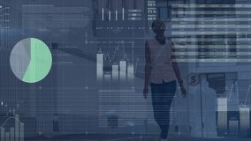 woman walking past office building entrance, layering animated financial pie charts and world map. Professional, urban, modern, data visualization, business, corporate, multimedia - Powered by Shutterstock - Get 15% off with code: PIKWIZARD15